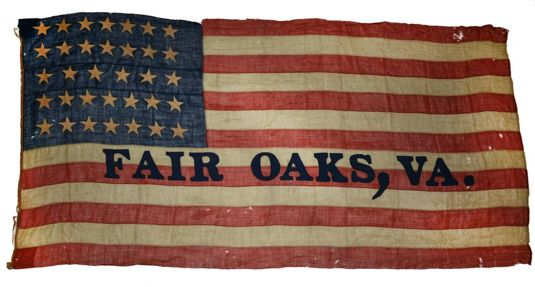 CIVIL WAR 34 STAR FLAG, FAIR OAKS, VIRGINIA.: â€œFAIR OAKS” VIRGINIA BATTLE HONOR. Totally hand sewn wool bunting flag by Brooklyn sail maker George W. Gerau, 1862-1863. Flag was deaccessioned by Valley Forge Historical Society (now the