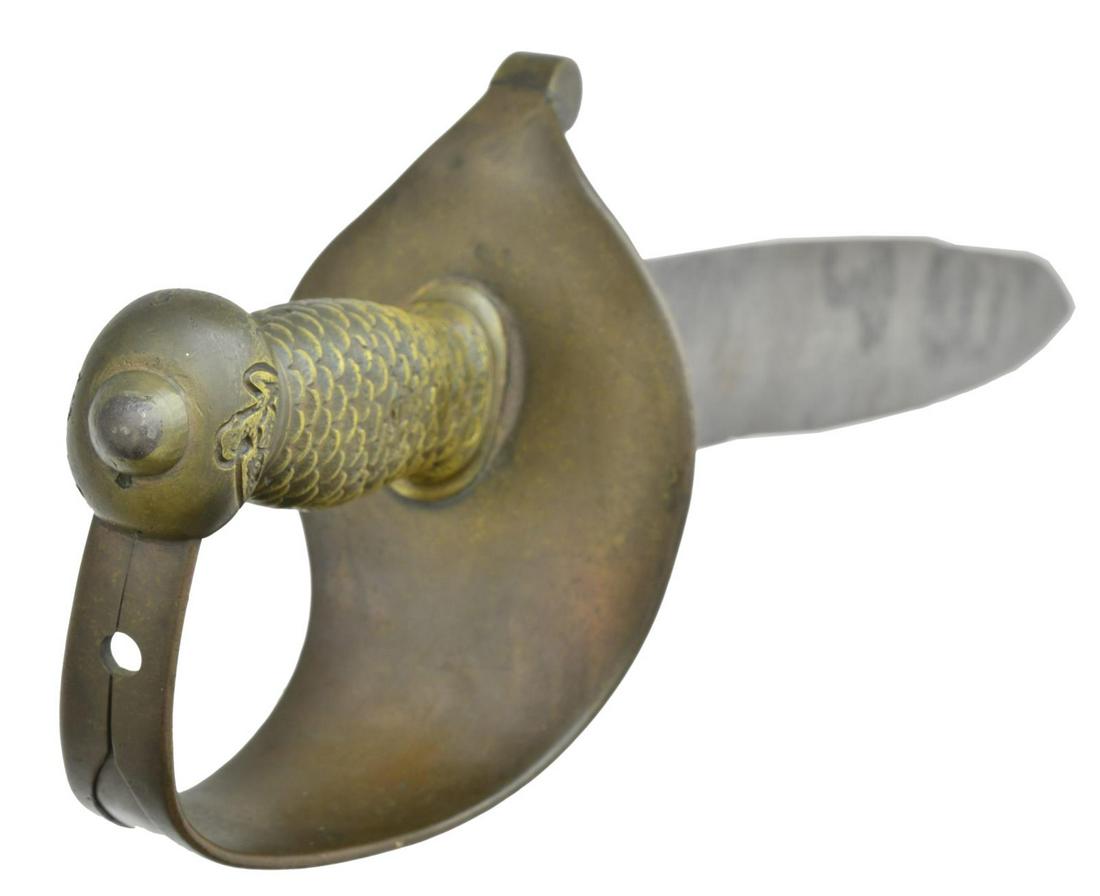 RARE THOMAS, GRISWOLD & CO, NEW ORLEANS: CONFEDERATE NAVAL CUTLASS. 26.5” Overall, 21” wasp waist double edged blade, scarcest of marked Confederate naval cutlasses, "THOMAS, GRISWOLD & CO / NEW ORLEANS" stamped on ricasso. CONDI