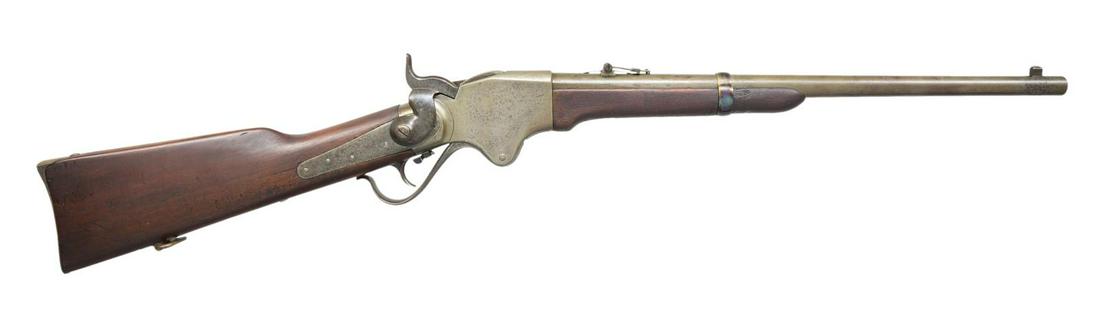 SPENCER MODEL 1865 LEVER ACTION SRC.: Cal. 56-50. S# 8878. Bbl. 22" carbine style w/ high barleycorn front sight & graduated leaf rear sight. Action is fitted w/ Stabler cutout & has saddle ring & bar on left side. Band fastened walnut fo