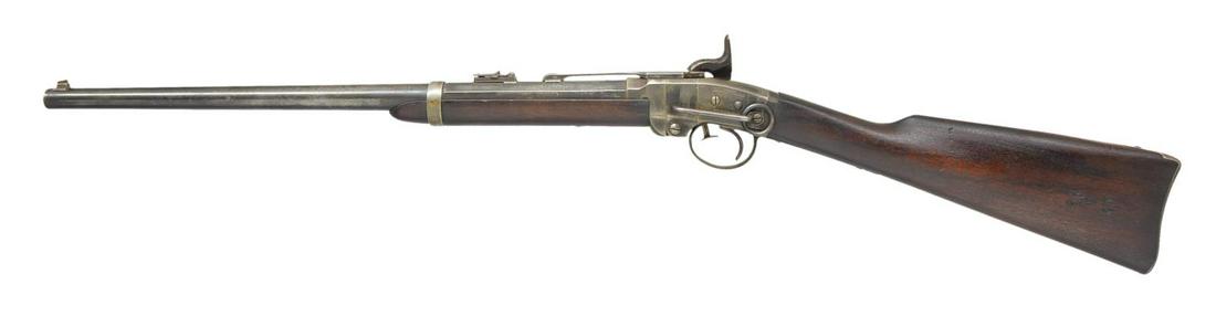 CIVIL WAR SMITH BREECH LOADING SADDLE RING: CARBINE. Cal. 50. S# 1478. Bbl. 22" standard configuration, scarcer early production mfg. by â€œMASS ARMS / CHICOPEE FALLS” & so marked on frame along w/ â€œADDRESS / POULTNEY & TRIMBLE 