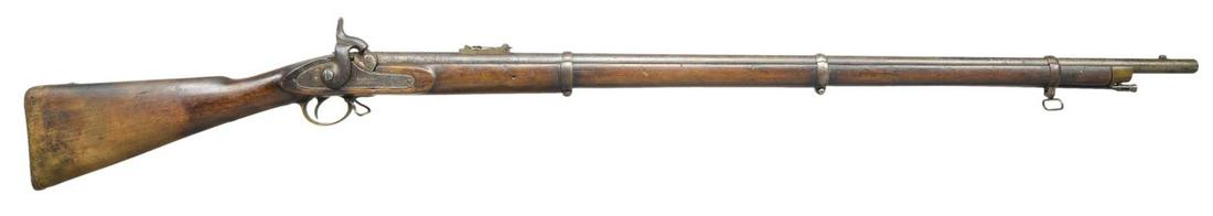 1853 ENFIELD MUSKET BY BARNETT: MARKED â€œ25 MASS”. Cal. 58. NSN. Bbl. 39" rnd. Standard configuration. Military ladder rear sight & sm. bead front on bayonet lug. Bbl. held by 3 screw retained split bands. Front spring pe