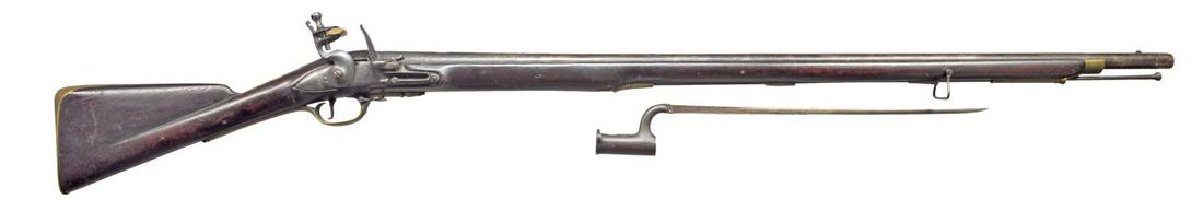 HISTORICALLY IMPORTANT REGIMENTALLY MARKED 2ND: MODEL BROWN BESS MUSKET WITH BAYONET. Cal. 70. NSN. Bbl. 41 1/4", has crossed dagger & "GR" crowned proofs at breech end. Lock w/ slightly arched round bodied plate engraved "GR" w/ crown in front of 