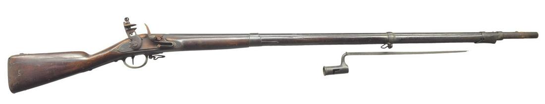 1811 DATED US CONTRACT MUSKET & BAYONET.: Cal. 71. NSN. Bbl. 44 3/4", held to stock w/ 3 bands; rear spring retained, middle clamped on & front driven on w/ pin. Rear portion is cut for rear sight (missing) & stamped "G". Lock appears to have