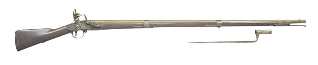 COMPOSITE 1808 TYPE MUSKET WITH MARYLAND BRAND: IN WOOD & "M" MARKED BAYONET. Cal. 69. NSN. Bbl. 45 1/8", has eagle head over "CT" proof at rear. Original flint 1808 contract lock stamped "H" on interior. Stock attaches to bbl. w/ 3 spring retained