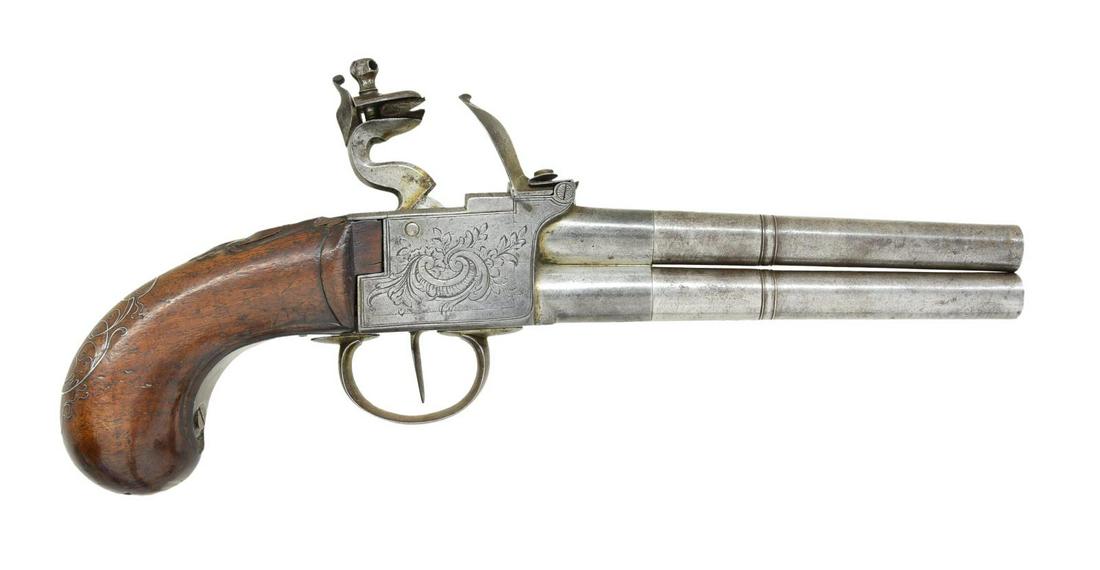 CONTINENTAL O/U SCREW BARREL FLINTLOCK PISTOL.: Cal. 50 rifled. NSN. Bbl. 4 5/8" w/ wedding bands screws off of iron boxlock action, which has foliate & scroll engraving on sides. Action features serpentine cock & frizzen w/ external spring. Walnut