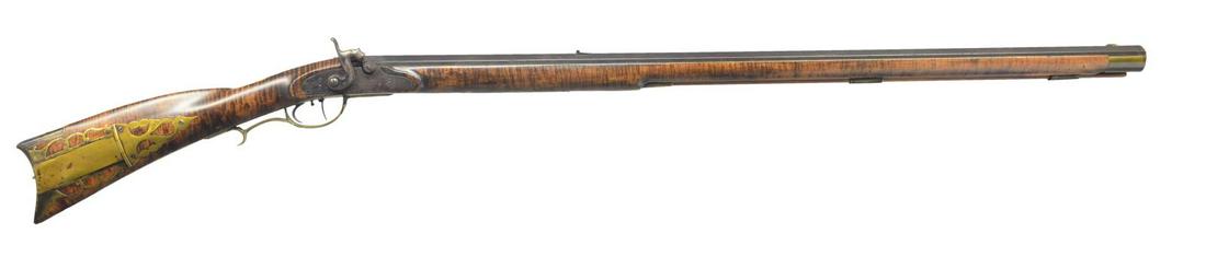 CURLY MAPLE SIGNED PERCUSSION RIFLE BY WILLIAM: FILMAN, MILTON PA. Cal. 50 rifled bore. NSN. Bbl. 37 1/2" full oct., stamped â€œW. FILMAN” on top flat. Overall length 52 1/2". William Filman worked from 1820-1861 in Milton, PA. Very littl