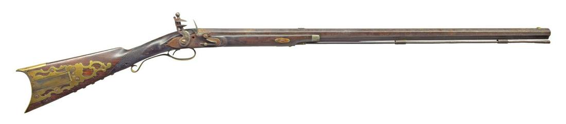 HALF STOCK FLINTLOCK RIFLE BY E. E. CASWELL OF: ALBANY, NY. Cal. 45. NSN. Bbl. 34" oct., stamped w/ maker's name at rear. Bbl. has under rib, has been bored out to smooth & rear sight blade filed off & has been converted from percussion. Replacemen