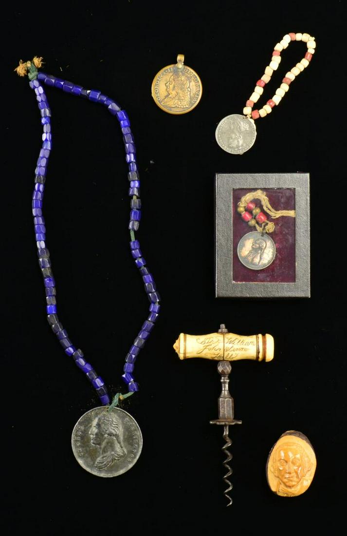 GROUP OF EARLY AMERICAN MEMORABILIA.: 4 Repro Indian peace medals including George Washington, Thomas Jefferson & King George III, an 18th century Henshall patent corkscrew w/ bone handle w/ carved "Sir William Johnstown Indian Agent for