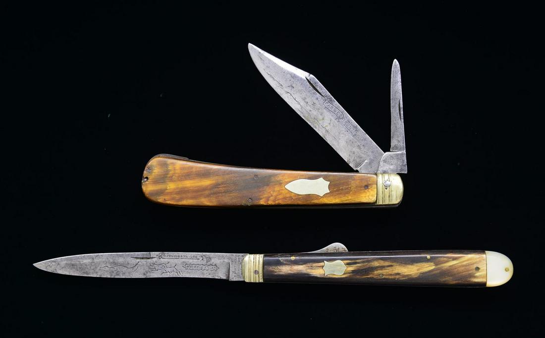 2 LARGE EARLY CIPHERED FOLDING BOWIE KNIVES.: 1) 10.5" Overall open, 4.5" clip point blade â€œFAR WEST HUNTING KNIFE”, maker marked â€œROBINSON / SHEFFIELD” , horn slab grips, shield shaped German silver escutcheon. CONDITION: