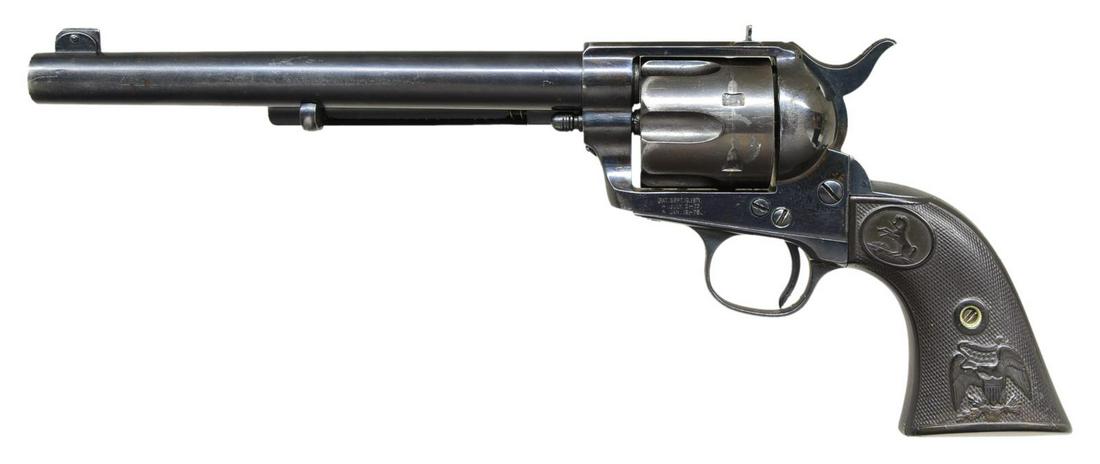 COLT SAA FLAT TOP TARGET SA REVOLVER.: Cal. 22 LR. S# 129575. Bbl. 7 1/2". Flat top target front w/ 3 line patent dates on left side. 6 Shot fluted cyl. retains no legible number. Frame, trigger guard & grip strap have matching numbers & b