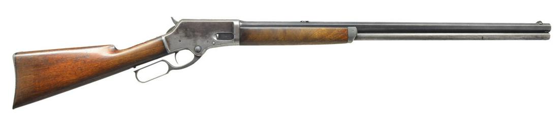 MARLIN 1881 LEVER ACTION RIFLE.: Cal. 40 (40-60). S# 25978. Bbl. 28" oct. Lyman No. 4 ivory hunting front sight w/ folding leaf rear sight. Tubular mag. Blue finish. Action features sliding loading gate. Walnut forearm & straight gri