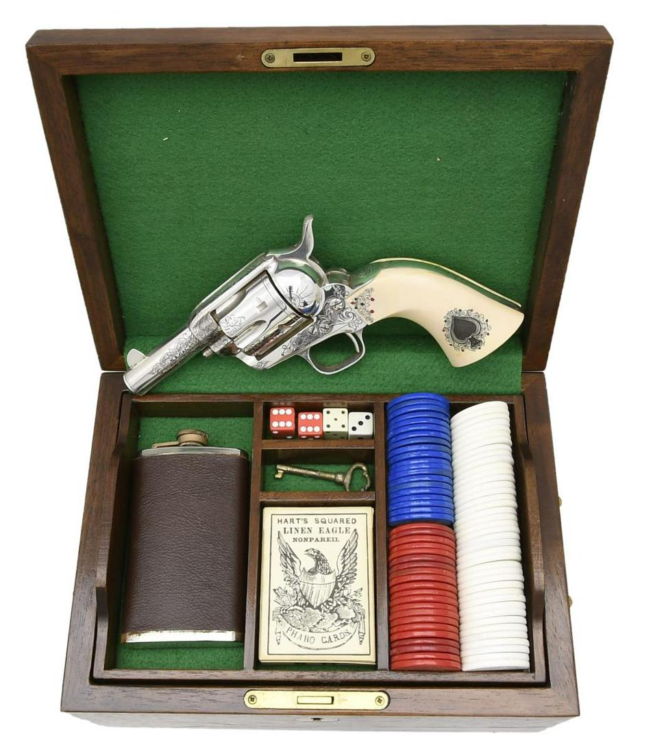 AHF GAMBLERS KIT WITH UBERTI SHERIFF'S MODEL SAA: REVOLVER. Cal. 45 Long Colt. S# 109754. Bbl. 3" w/ blade front sight & frame notched rear. Mfg. by Uberti in Italy about mid 1990's & sold by American Historical Foundation in 1996. Hand engraved & st