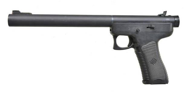 INTEGRALLY SUPPRESSED RAMLINE EXACTOR PISTOL.: Cal. 22 LR. S# P54107423 (suppressor), P5-41-07423 (pistol). Bbl. 8". A light weight self loading rimfire pistol w/ an integral sound suppressor that weighs only 27oz. The suppressor is an early