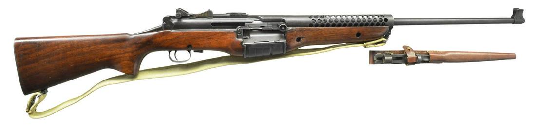 JOHNSON MODEL 1941 DUTCH CONTRACT SEMI AUTO: RIFLE WITH WINFIELD UPDATE AND BAYONET. Cal. 30-06. S# 7806. The Winfield Arms. Co. offered refinished and upgraded Johnson rifles in the early '60's and this rifle appears to be one. Bbl. 21 5/8".