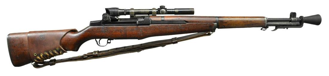 SPRINGFIELD MODEL M1C SNIPER RIFLE W/ M82 SCOPE.: Cal. 30-06. S# 3714346. The 24" bbl. is dated "7/51" & fitted w/ T37 flash hider. Springfield action fitted w/ Griffin & Howe type sidemount on left. Walnut stock w/ post 1953 eagle inspection