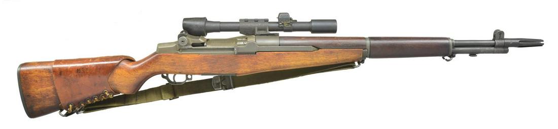 SPRINGFIELD MODEL M1 GARAND UPGRADE TO M1D: CONFIGURED SNIPER RIFLE WITH M84 SCOPE. Cal. 30-06. S# 2464127. 24" Bbl. has standard SAA marks & is dated "9/52". An M2 flash hider has been fitted along w/ M1D type scope base which shows four