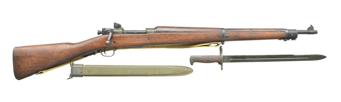 US WWII REMINGTON MODEL 1903-A3 BOLT ACTION: MILITARY RIFLE. Cal. 30-06. S# 3886755. Bbl. 24", marked behind front sight "RA" "flaming bomb" "7-43". Adj. aperture rear sight. Blade front sight. All visible parts marked "R". All stamped furniture