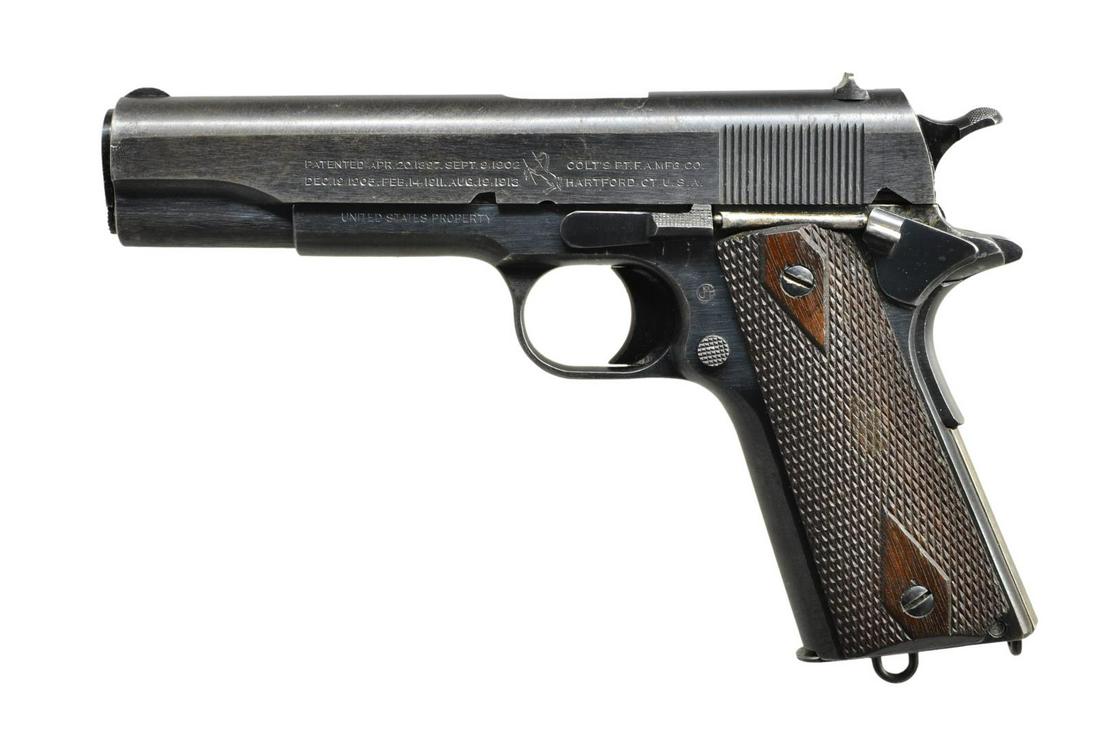 COLT MODEL 1911 PISTOL IN FINE ORIGINAL CONDITION.: Cal. 45 ACP. S# 280505. The 5" bbl. has correct "H" &" P" markings on top. Slide has transitional markings for that SN range w/ rampant colt at center on left side. Frame stamped "UNITED STATES PROPER