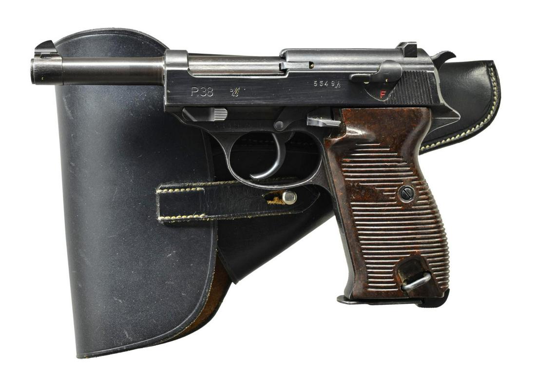 MAUSER byf/43 MODEL P.38 SEMI-AUTO PISTOL.: Cal. 9mm Luger. S# 5349h. Bbl. 5" matching numbered to include locking block; eagle 135 proofs plus eagle party symbol on locking block. Mfg. 1943 w/ matching numbered slide & brown mottled appearing
