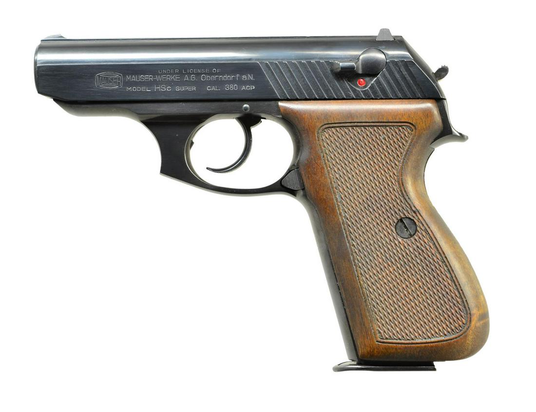 GAMBA / MAUSER MODEL HSc SUPER SEMI-AUTO PISTOL.: Cal. 380 ACP. S# 02085. Bbl. 3 1/2". Mfg. 1982; marked "Mauser" & mfg. by Renato Gamba. References state imported by Gamba until 1996 & reintroduced about 2005. Frame codes 1982 plus slide marking ind