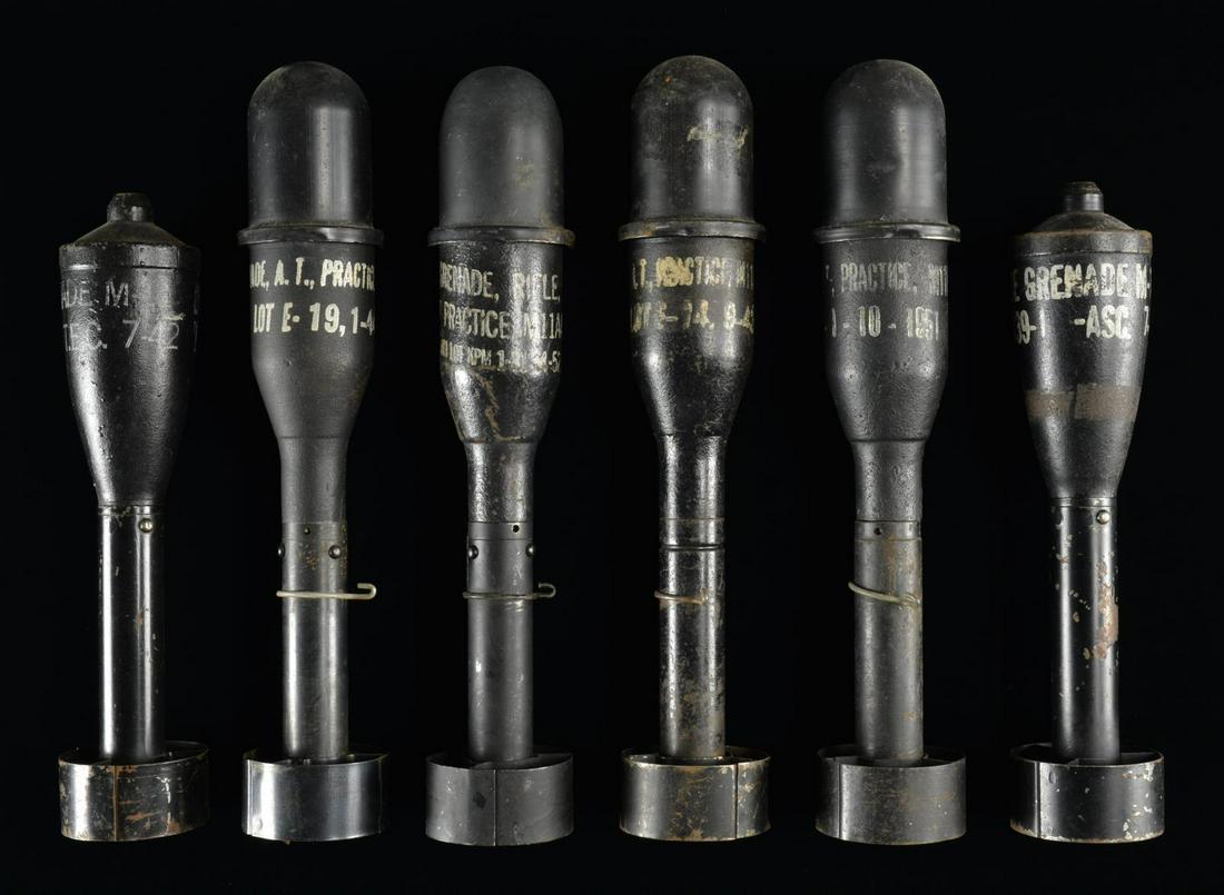 6 INERT WWII & KOREAN WAR US M11 PRACTICE RIFLE: GRENADES. All are painted black. 1,2) 2 M11. Both dated "7-42". 3,4) 2 M11A2. one date "9-43", other dated "1-44". 5) 1 M11A3 dated "10-1951" 6) 1 M11A4 dated "4-52". CONDITION: good overall w/ black