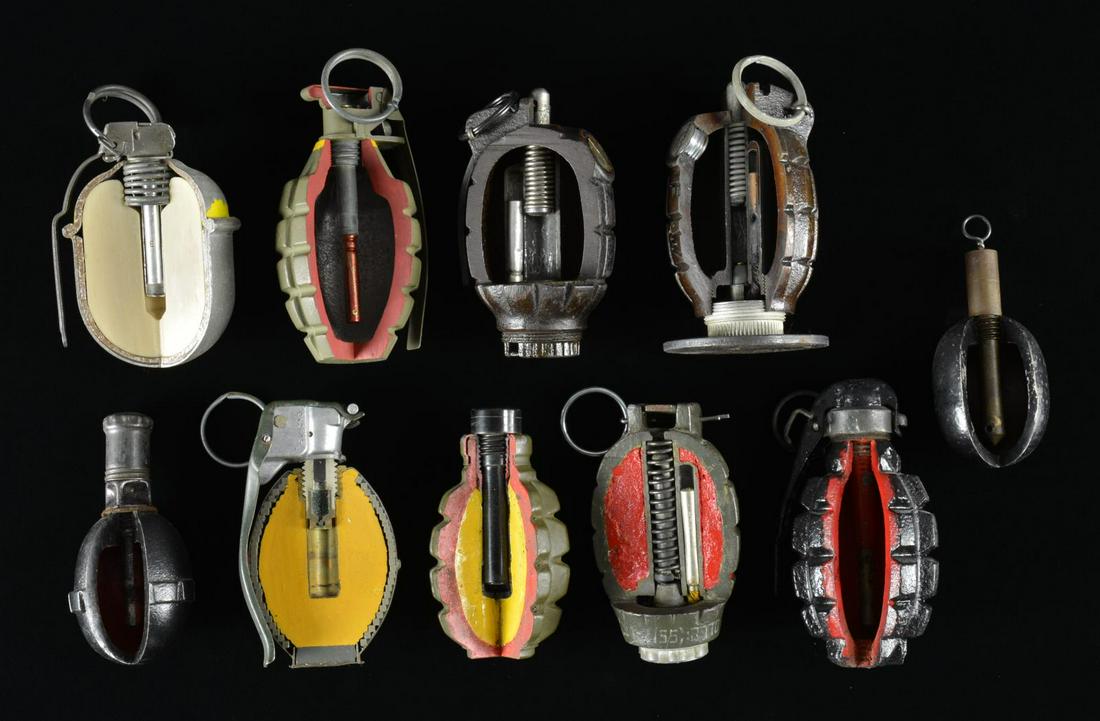 10 INERT CUTAWAY GRENADES FROM WWI TO COLD WAR.: A wide variety of grenades from different periods including: British No. 36 MK I WWII & 1950's, French F1 WWI, German "egg" WWI, US M26 style, US F1 style & Danish M54. CONDITION: Good appearing displ