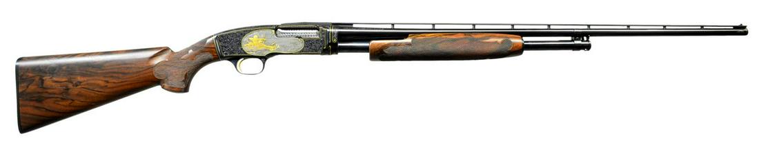 GODDESS DIANA OF THE HUNT ENGRAVED WINCHESTER: MODEL 42 PUMP SHOTGUN. Cal. 410 3". S# 18727. Small gauge shotguns are favored of many shooters and collectors, and that is especially true of Model 42's like this one engraved by CA Superior Court