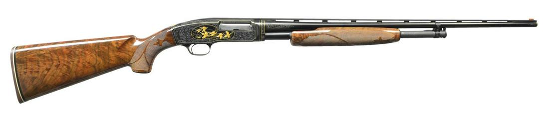 HIGH ART WINCHESTER MODEL 42 PUMP SHOTGUN.: Cal. 410 3". S# 2336. This spectacular Model 42 has wild game engraving by CA. Superior Court Judge: Cecil J. Mills. Judge Mills studied engraving at Trinidad Junior College in CO. and under famed FN