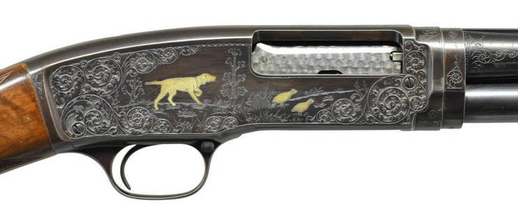 WINCHESTER MODEL 42 NO. 5 CUSTOM ENGRAVED PUMP: SHOTGUN. Cal. 410, 3". S# 44135. Unsigned custom hand engraving done in factory No. 5 style. Right side upland scene has a silver inlaid pointer & 2 partridge. Left side scene shows 2 pointing dogs &