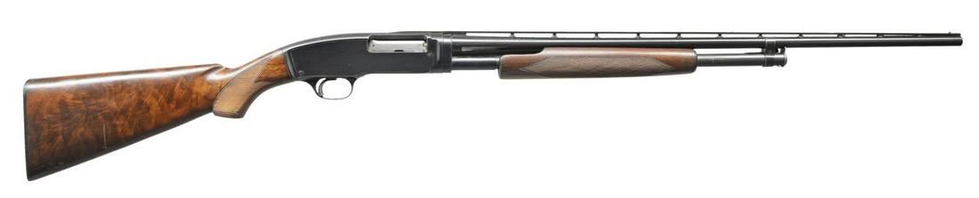 WINCHESTER MODEL 42 SKEET GRADE PUMP SHOTGUN.: Cal. 410. S# 63476. Bbl. 26" w/ aftermarket Simmons donut base rnd. post vent rib. Fixed Skeet choke. Steel front bead w/ brass mid bead. Original chamber length marking is "2 1/2"". Chamber has been