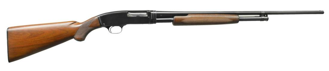 WINCHESTER MODEL 42 PUMP SHOTGUN.: Cal. 410, 3". S# 118897. Bbl. 26" plain w/ fixed Mod. choke & steel bead. Original checkered beavertail walnut forearm. Pistol grip replacement stock of straight grain walnut w/ sm. hard rubber grip