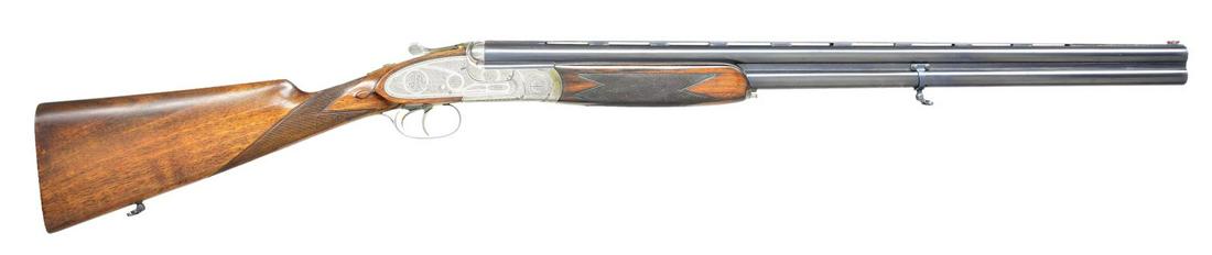 VERY INTERESTING 12 BORE PURDEY O/U COPY MADE BY: VICTOR SARASQUETA. S# 103229. Bbls. 27 1/2" w/ 2 3/4" chambers. Mfg. 1952. Bbls. w/ low profile matted ventilated top rib w/ modern orange front sight marked on right side "VICTOR SARASQUETA" & "EIBAR