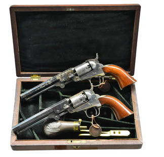 HISTORIC CASED PAIR COLT POCKET REVOLVERS CAPTURED: ON CONFEDERATE BLOCKADE RUNNER â€œARMSTRONG”.Cal. .31. S#â€™s 191677, 191869. There is not another Colt factory cased pair of revolvers known captured from blockade runner. This 1861