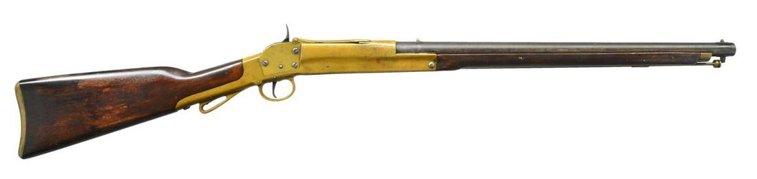 RARE & FINE CONFEDERATE 1ST MODEL MORSE CARBINE.: Cal. 50. S# 208. Bbl. 20". This is very pleasing example of 1st Model Morse carbine w/ solid brass breech door, majority of survivors are damaged, missing, or repaired. Brass frame carbine is in