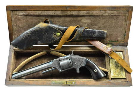 CASED AND ENGRAVED CIVIL WAR SMITH & WESSON OLD: MODEL ARMY INSCRIBED TO SGT. JOSEPH LUCKADOE, 25TH US COLORED TROOPS. Cal. 32. S# 14709. Bbl. 6". Standard configuration w/ commemorative inscription on plaque in case lid & also engraved on