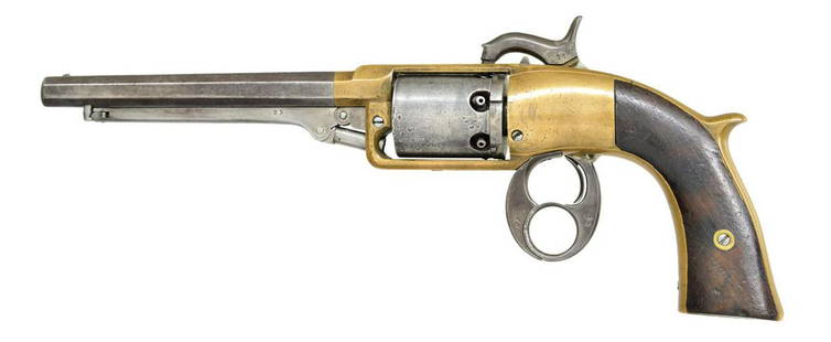 RARE FIRST MODEL BRASS FRAMED SAVAGE NORTH FIGURE: 8 REVOLVER. Cal. 36. S# 114. Bbl. 7 1/4" oct. No more than a couple hundred of this early predecessor to the Civil War era Savage Navy Martial pistol survivor. This example has 2 character S# stamped