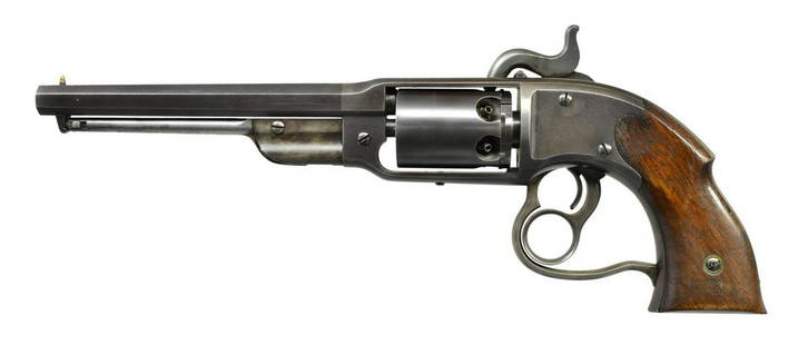 FINE CIVIL WAR SAVAGE NAVY REVOLVER.: Cal. 36. S# 13495. Bbl. 7 1/8" oct. Standard configuration of the popular lg. frame military revolver, 14 3/4" overall. Unique dbl. action mechanism w/ 3-line address on top frame strap. Manufactured