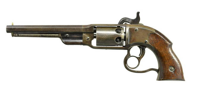 SAVAGE REVOLVING FIRE-ARMS CO. NAVY MODEL: REVOLVER. Cal. 36. S# 1332 found on right inside of backstrap. Bbl. 7 1/8" oct. w/ brass cone style front sight. Six shot rnd. cyl. Flat sided action features center mounted hammer & unique heart