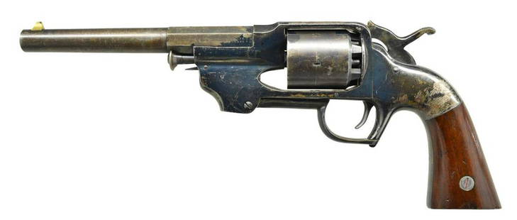 EXCEPTIONAL ALLEN & WHEELOCK CENTER HAMMER: PERCUSSION ARMY REVOLVER. Cal. 44. S# 22. Bbl. 7 1/2" oct. to rnd. Allen & Wheelock was a prolific mfg. making several versions of military pistols. Published reports state 700 of this revolver made