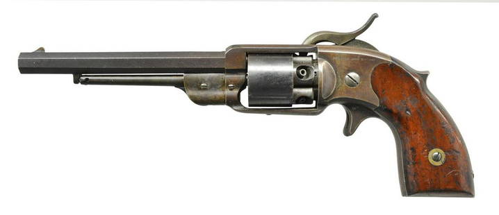 RARE AND FINE ALSOP NAVY REVOLVER.: Cal. 36. S# 391. Bbl. 5 1/2" oct. Overall 11". Brass frame front sight. "C. R. ALSOP MIDDLETOWN CONN. / PATENTED JULY 17TH, AUGUST 7TH 1860, MAY 14TH 1861". Left side of frame has additional "Jan.