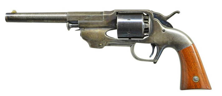 ALLEN & WHEELOCK CENTER HAMMER ARMY REVOLVER.: Cal. 44. NSN. Bbl. 7 3/4" rnd. w/ oct. shank & brass blade sight. Six shot rnd. cyl. w/ rebated nipple end. Action has center mounted hammer. Loading lever forms the front portion of the