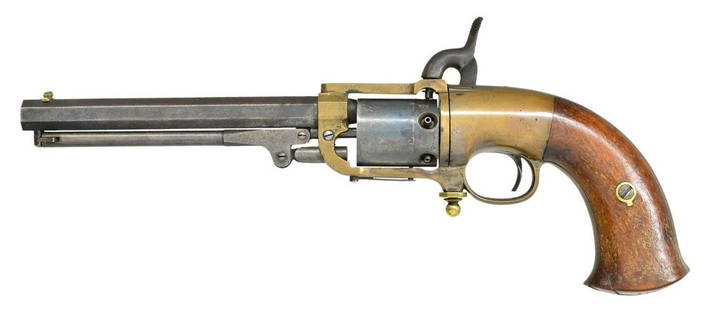 RARE CIVIL WAR BRASS FRAME BUTTERFIELD ARMY: REVOLVER. Cal. 41. S# 149. Bbl. 7" oct. This unique Civil War revolver of which 640 are thought made (1861-1862) utilized a disk priming mechanism. Pellet primers are loaded in spring loaded