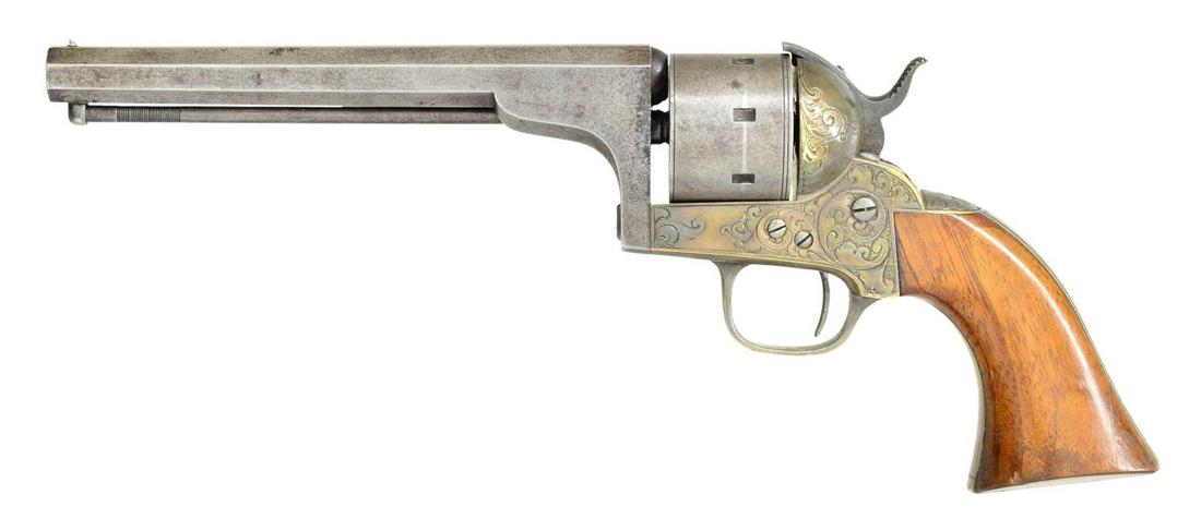 INSCRIBED CIVIL WAR MOORE PATENT BRASS FRAME: SEVEN SHOT REVOLVER. Cal. 32 Rimfire. S# 2235. Bbl. 6". This scarce Civil War side arm is well made w/ unique swiveling bbl. when frame screw is removed. Oct. bbl. marked "D. MOORE. PATENT. SEPT. 18. 