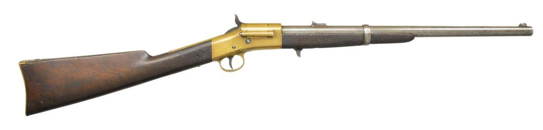BRASS FRAME WARNER CARBINE OWNED BY LT. COLONEL: WILLIAM LESSIG, 96TH PA VOLS. Cal. 50. S# 1259. Bbl. 20" rnd. Standard configuration. Brass frame marked â€œJAMES WARNER SPRINGFIELD MASS / WARNERâ€™S PATENT”. To open the swing up bras
