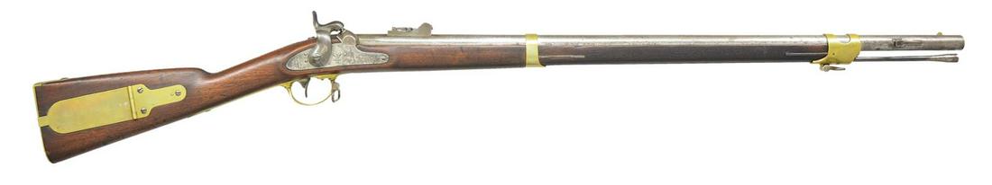 U.S. MODEL 1841 PERCUSSION RIFLE (MISSISSIPPI) BY: HARPER'S FERRY WITH SECOND STYLE BAYONET ADAPTATION. Cal. 54. NSN. Bbl. 33" rnd., fitted w/ long range sight & second style bayonet lug w/ short brass front band. Breech end of bbl. stamped "W.W" & w/