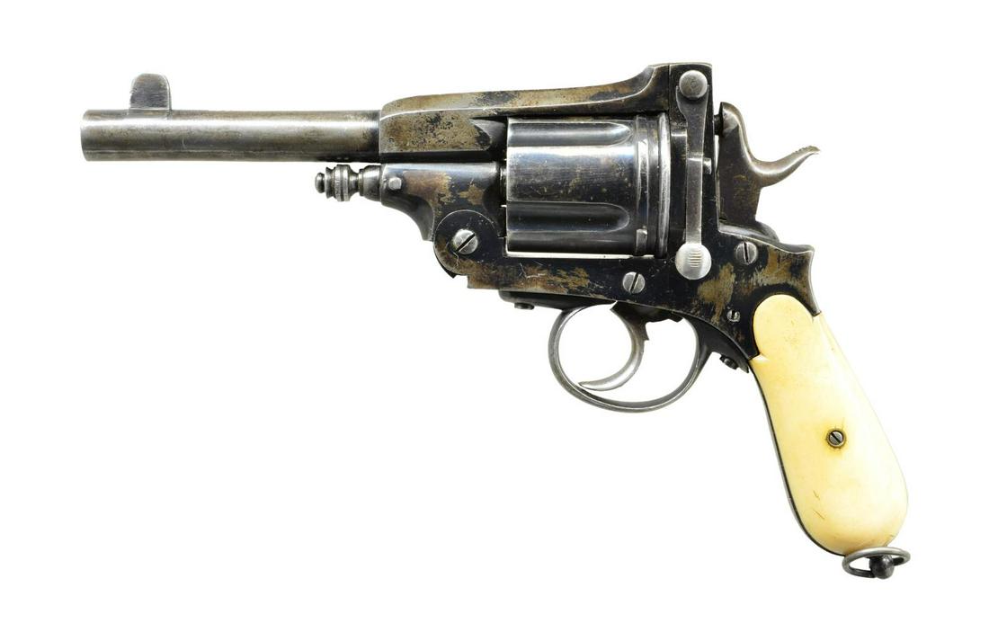 BELGIUM WARNANT TOP BREAK DA REVOLVER.: Cal. 11mm CF. NSN. Bbl. 5 1/4" rnd. w/ integral blade front sight. Five shot fluted cyl. Blued top break action w/ dbl. lever releases behind hammer. Two piece bag type bone grips w/ lanyard ring at b