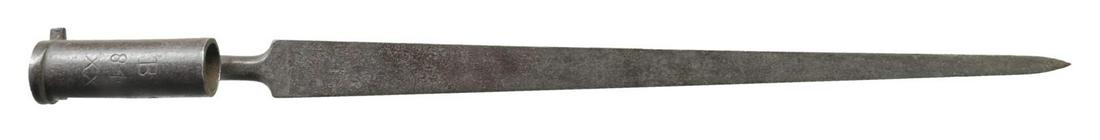 REGIMENTALY MARKED BROWN BESS TRIANGULAR: SOCKET BAYONET. 17" Triangular blade has crowned "B"? proof on top rear. 2 3/4" Socket marked "B" "84" "XX". Socket diameter approx. 7/8". CONDITION: fair to good. Exhibiting dark brown patina over pi