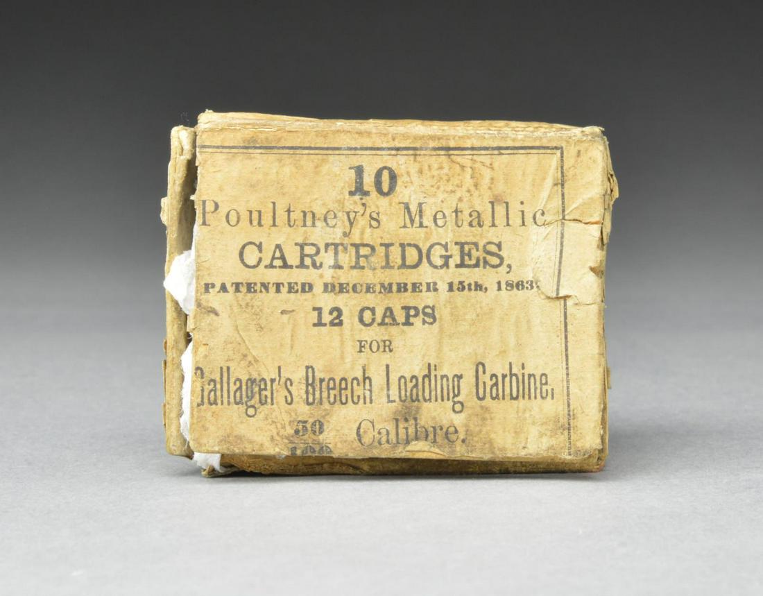 SCARCE CIVIL WAR BOX OF POULTNEY'S 50 CAL.: METALLIC CARTRIDGES FOR GALLAGER'S BREECH- LOADING CARBINE. 10 Rd. paper box is marked on top "Poultney's Metallic CARTRIDGES. PATENTED DECEMBER 15TH 1863. 12 CAPS FOR Gallager's Breech-Loading Carbin
