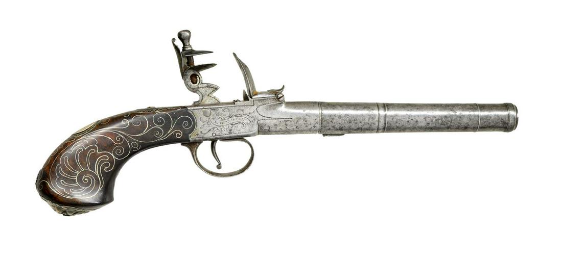 QUEEN ANNE STYLE CANNON BARREL TURN OFF BOXLOCK: FLINT PISTOL BY JOSEPH BUNNEY OF LONDON. Cal. 56. NSN. The 5 1/4" bbl. has fine cannon turnings and wrench lug on bottom. Boxlock flint action has reinforced cock and frizzen with hidden spring. Trigg