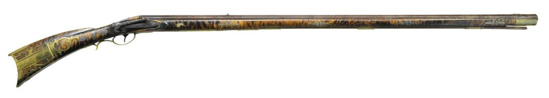 RARE HAND FORGED "MULE-EAR" KY RIFLE BY SAMUEL: MORRISON. Cal. 52 smooth bore. Bbl. 42 1/4" full oct. signed "S.M.". Curly maple stock w/ 18 silver inlays & silver engraved eagle on cheekpiece. Large 3" engraved brass pick holder under the cheekpie